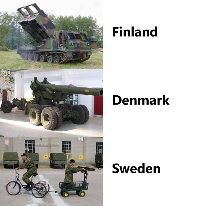 Military vehicles labeled as Finland, Denmark, and Sweden depict Finland memes humorously showing different military capabilities.