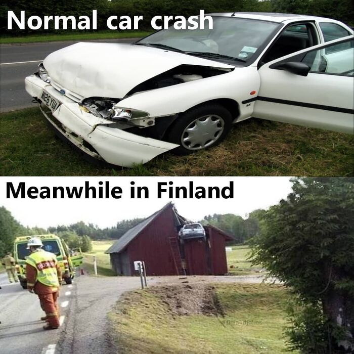 Two images comparing car crashes; one on the road, another comically against a building in Finland.