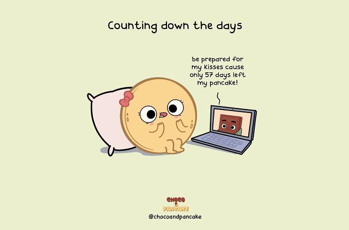Cute cartoon illustrating a pancake character in a long-distance relationship, counting down days on a video call.