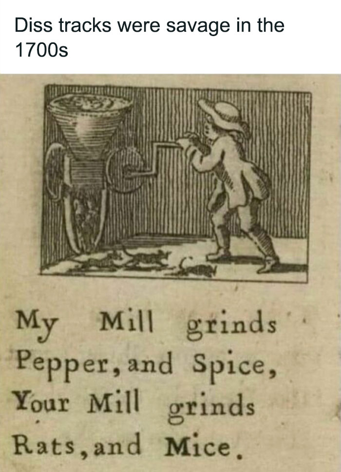 Vintage illustration humorously depicting diss tracks in the 1700s with a man and a pepper mill, history memes concept.