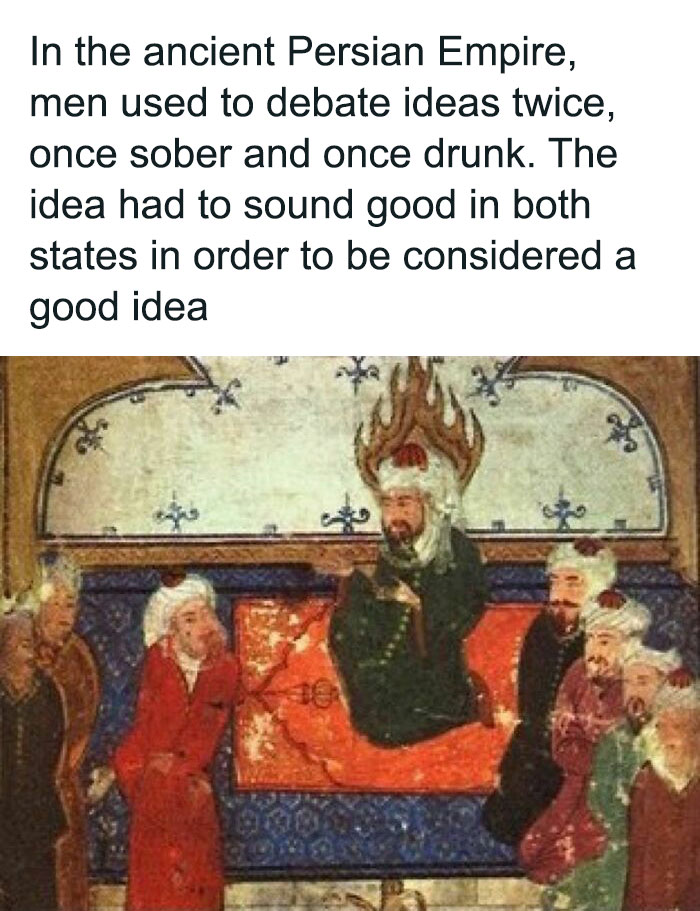 Ancient Persian Empire debate tradition illustrated with men discussing ideas sober and drunk in historical setting.