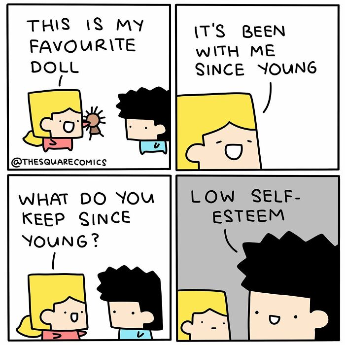 Comic strip featuring dark humor about self-esteem, with simple characters discussing childhood and personal struggles.