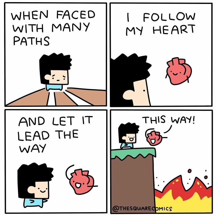 Comic showing a character following a smiling heart leading him toward a pit of lava, illustrating dark humor themes.