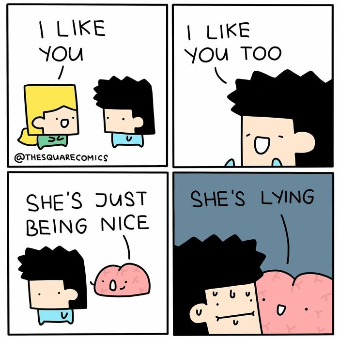 Comic strip by Square Comics showing dark humor with characters expressing disbelief and inner thoughts.