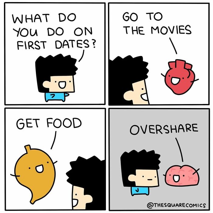 Comic strip showing a dark humor conversation between a person and talking organs on first dates.