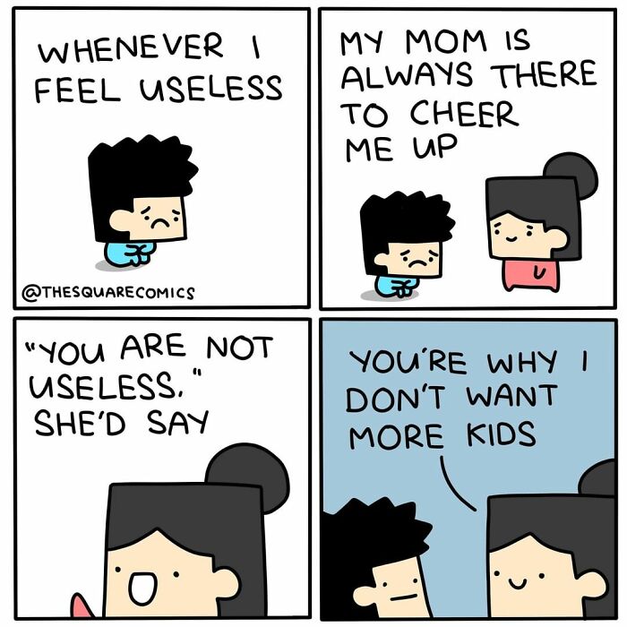Comic strip from square comics showing a dark humor dialogue between a sad child and their mom cheering them up.