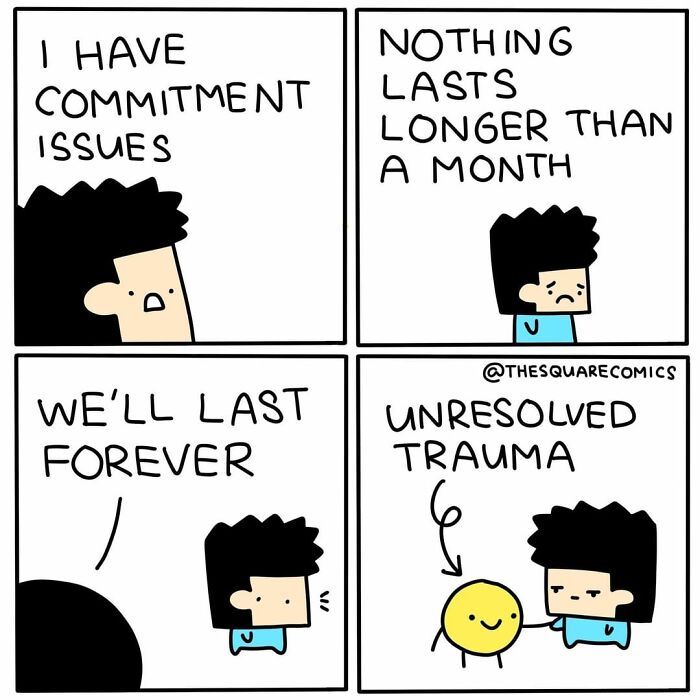 Comic strip showing a character humorously discussing commitment issues and unresolved trauma in a dark humor style.