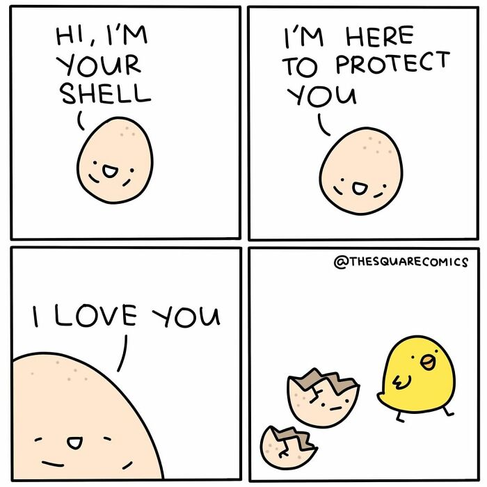 Cute comic strip featuring a c*****d eggshell and chick, illustrating dark humor in 26 comics by The Square Comics.