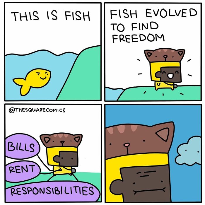 Comic strip showing a fish evolving into a cat-like figure running from bills, rent, and responsibilities, dark humor style.