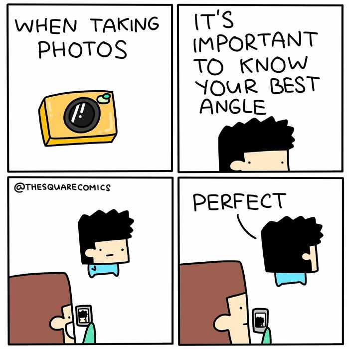 Comic from The Square Comics showing a person humorously choosing the best angle for photos, fitting dark humor comics.