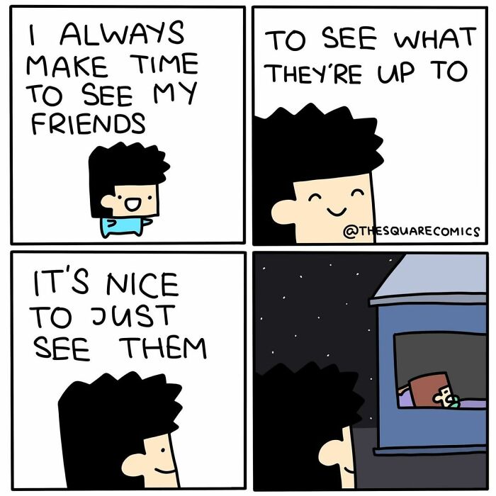 Comic strip showing a character making time to see friends in a dark humor style by The Square Comics.