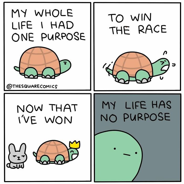Comic panels showing a turtle with a dark sense of humor reflecting on purpose after winning a race, illustrated by The Square Comics.