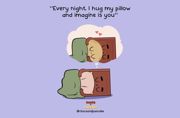 Cartoon illustration of long-distance relationship with pillows cuddling, depicting love and imagination.
