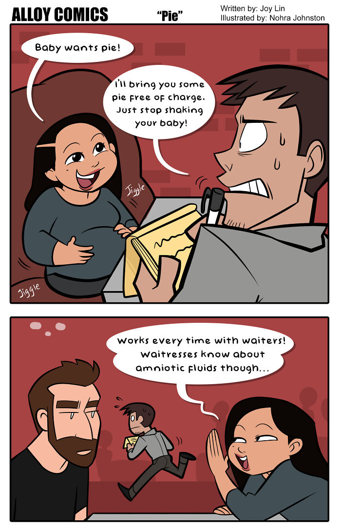 Comic about marriage and pregnancy, showing a pregnant woman humorously asking for pie from a waiter.