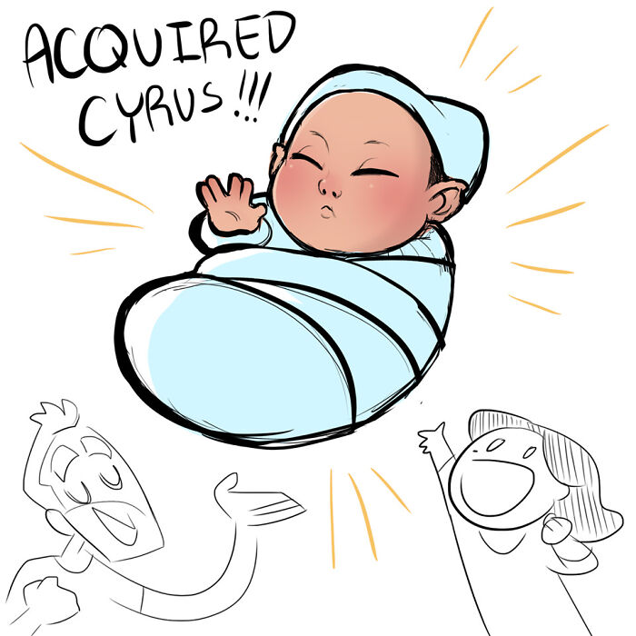 Comic illustration of a baby swaddled in blue, with parents joyfully reacting, capturing marriage and pregnancy moments.