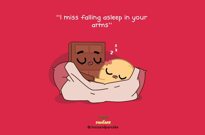 Cartoon chocolate and pancake embracing, illustrating long-distance relationship feelings with text "I miss falling asleep in your arms."