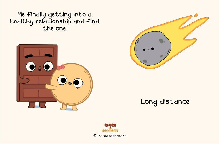 Chocolate and pancake characters hugging, with a meteor labeled "long distance" approaching.