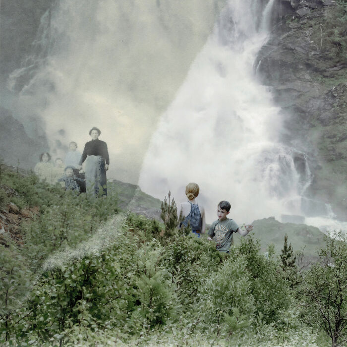 Children and adults captured near a waterfall in a powerful nature scene from Budapest International Photo Awards winners.