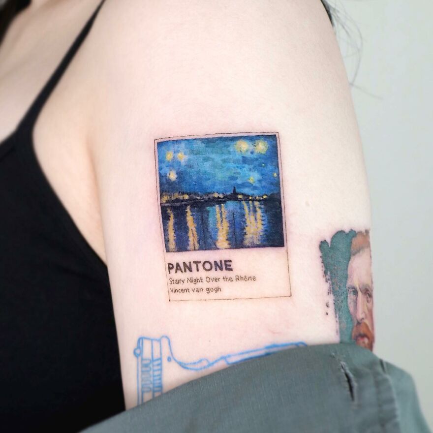 Painting-like tattoo on arm inspired by Van Gogh's "Starry Night Over the Rhône".
