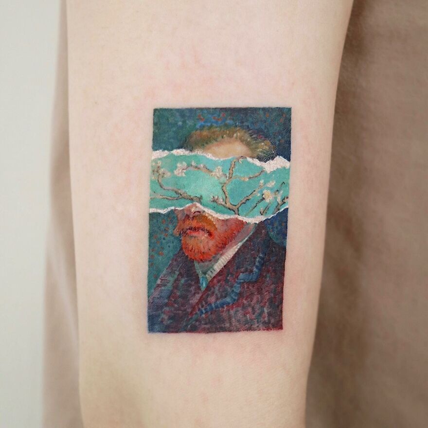 Painting-like tattoo of a person with a floral band across the eyes, blending portrait art with nature elements.