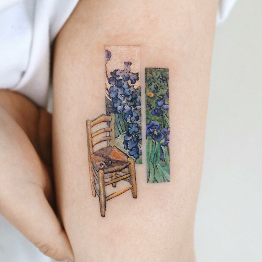 Tattoo resembling a painting of a chair and irises on an arm, showcasing detailed painting-like artistry.