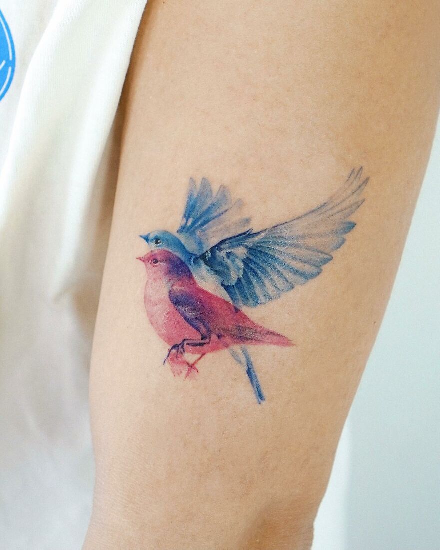 Painting-like tattoo of colorful birds on arm.
