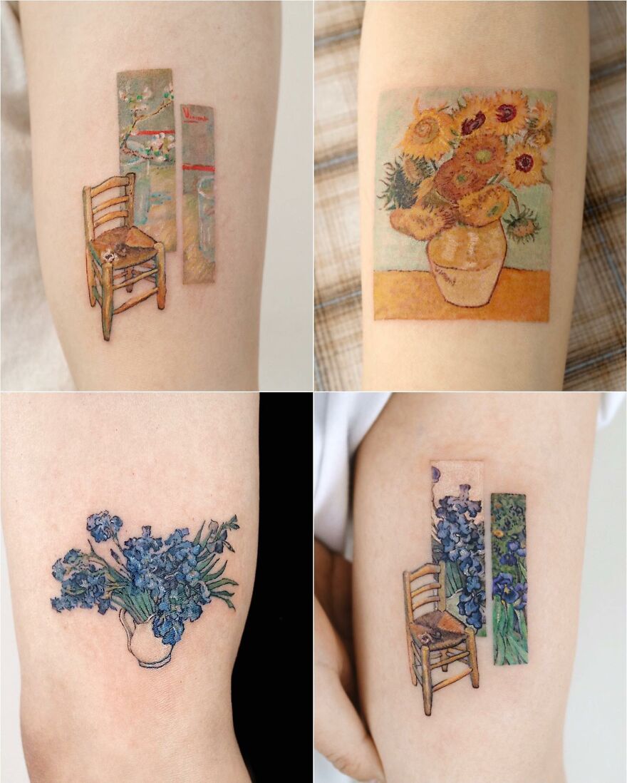 Painting-like tattoos featuring chairs and floral designs in vibrant colors.