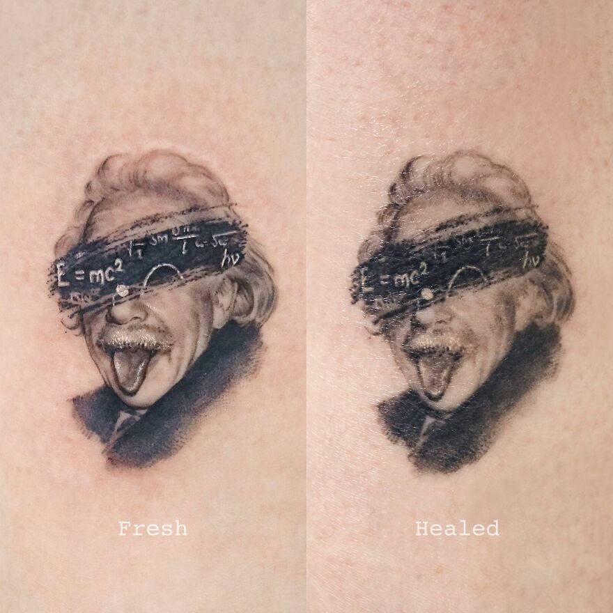 Painting-like tattoo of a famous scientist with equations, shown in fresh and healed stages.