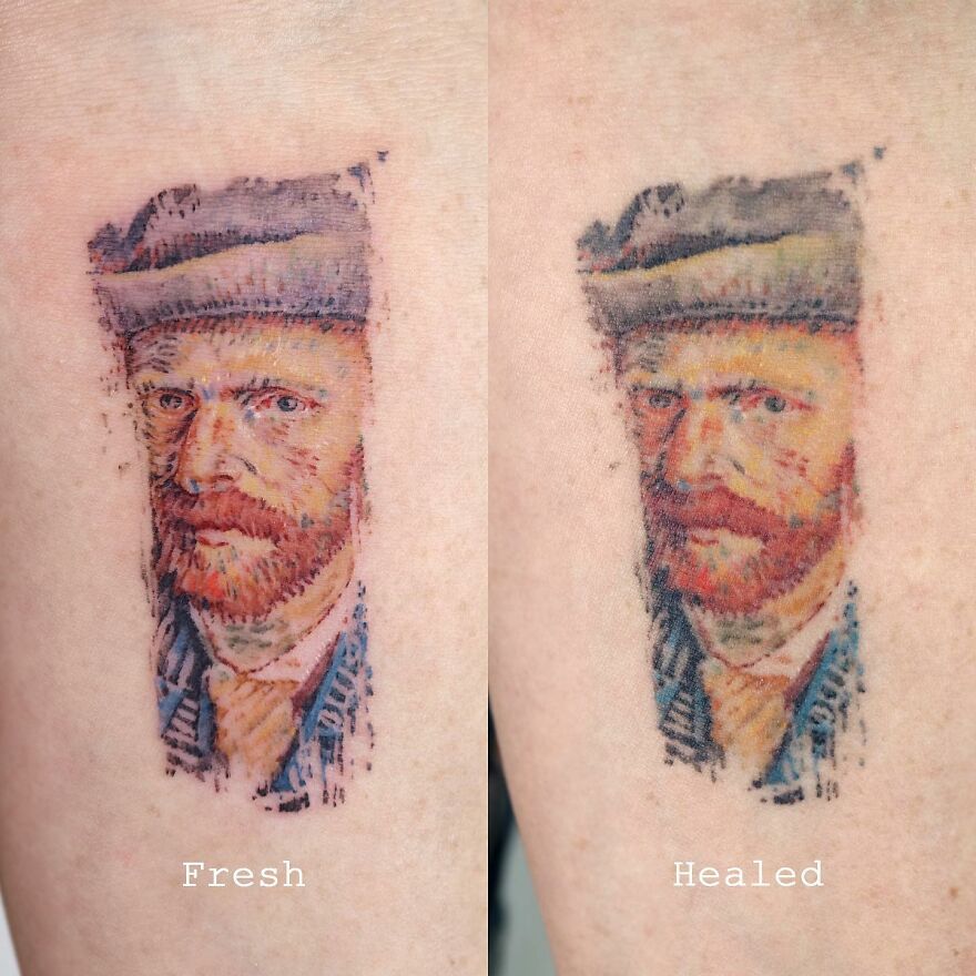 Tattoo of a painting-like portrait depicting the fresh vs. healed stages on skin.