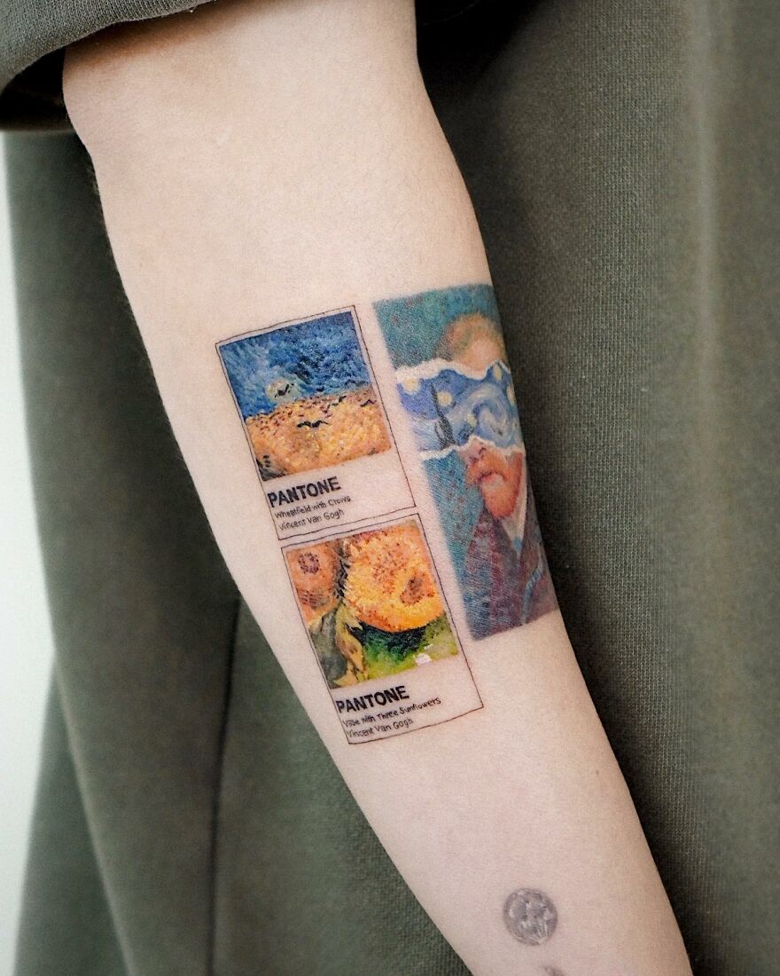 Arm with painting-like tattoos featuring Pantone-swatches and artistic designs inspired by famous artworks.