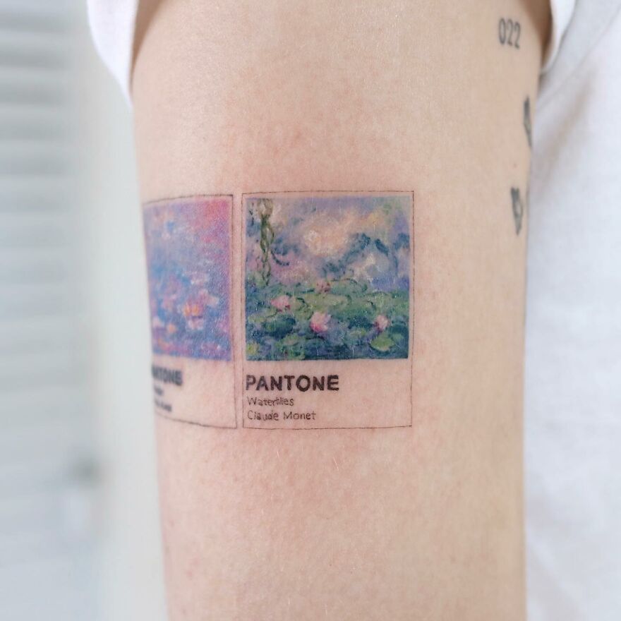 Painting-like tattoos of Claude Monet's Waterlilies on an arm, designed to mimic Pantone color swatches.