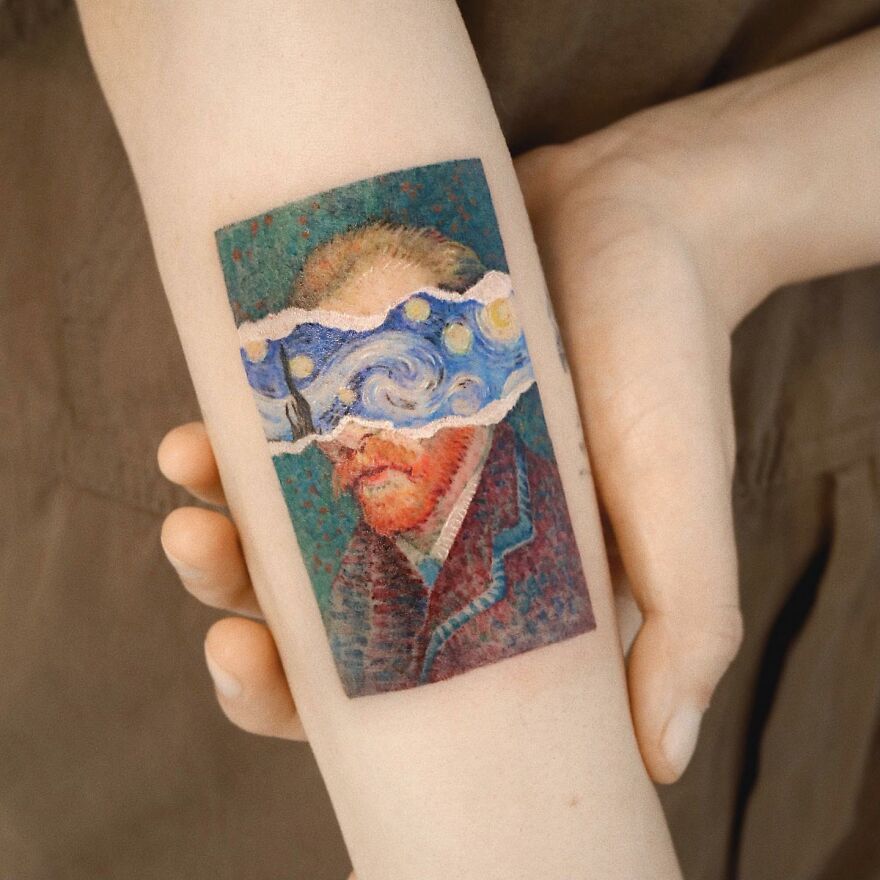 Painting-like tattoo on forearm featuring a Van Gogh-inspired design with swirling sky elements.
