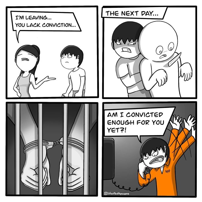 Dark humor comic strip showing a character facing twisted endings involving conviction and imprisonment.