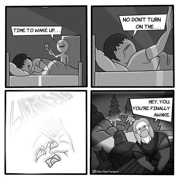 Dark humor comic strip depicting a twisted ending with a person shocked awake by a light, featuring dark humor comics.
