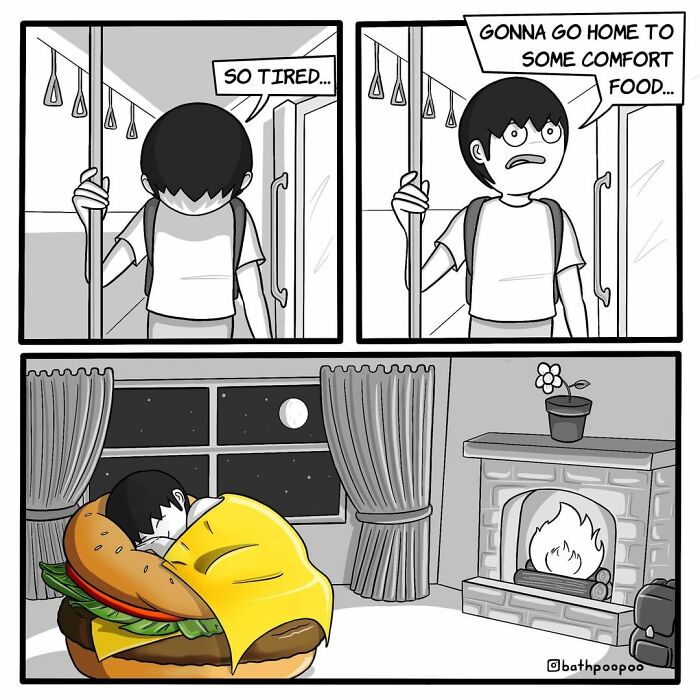 Black and white dark humor comic showing a tired person seeking comfort food in a twisted endings style.