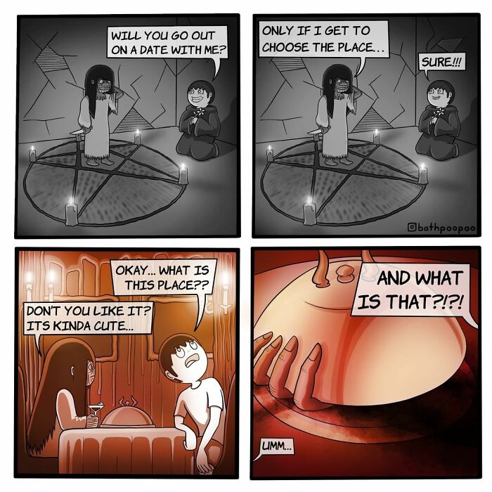 Dark humor comic panels show a twisted ending with a date proposal in a spooky ritual and surprising place choice.