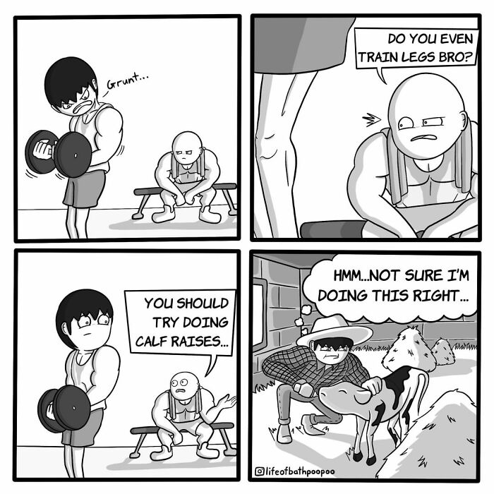Black and white dark humor comic showing a gym scene and a man attempting calf raises on a cow, illustrating twisted endings.