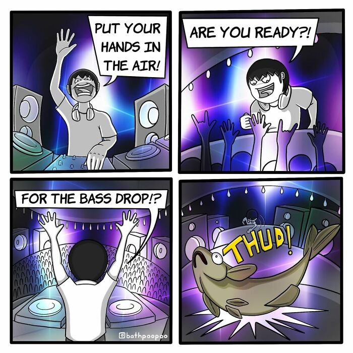 Comic panels showing a DJ hyping a crowd for a bass drop, then a large fish with a bass hits the stage in dark humor comics.
