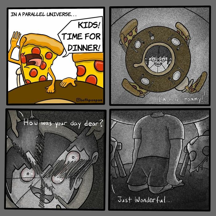 Dark humor comics showing twisted endings with anthropomorphic pizza and eerie family dinner scenes in a parallel universe.