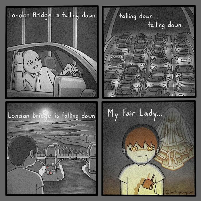 Dark humor comic showing traffic, a falling London Bridge, and a ghostly figure with a drink in hand.
