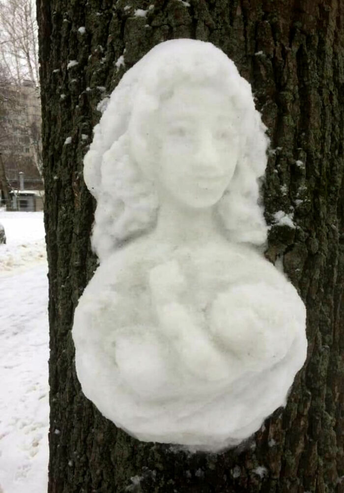 Artist Makes Incredible Snow Sculptures On Tree Trunks