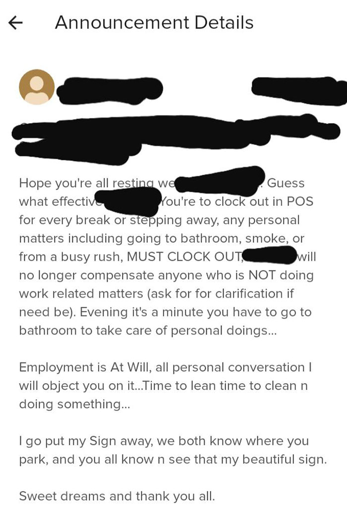 My Former Boss Trying To Tell People They Have To Clock Out For Bathroom Breaks. Lol