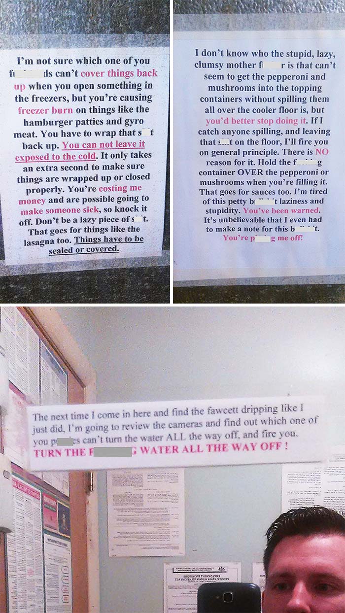 I Work In An Italian Restaurant. These Are The Notes Of Encouragement That My Boss Regularly Posts Around The Place. I Love Working For Him