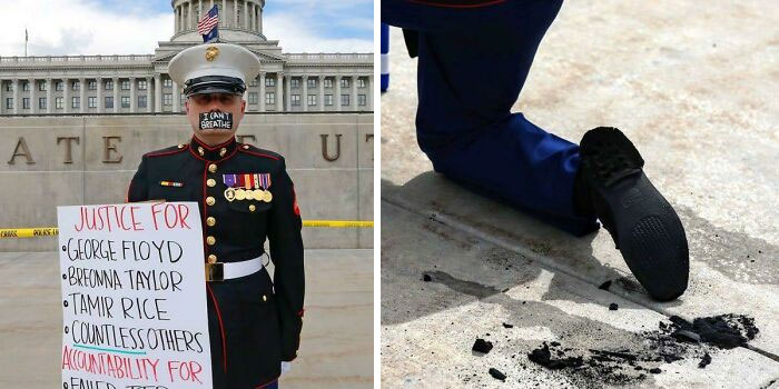 This Marine With “I Can’t Breathe” Taped Over His Mouth Stood For Hours In Silent Protest Calling For Justice For Victims Of Police Killings. He Stood Unmoving For So Long In The Hot Sun At The Utah State Capitol That His Shoes Melted Into The Pavement