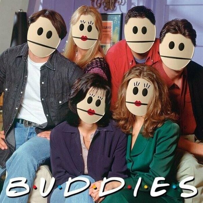Cartoon faces on a group photo of six friends, labeled "Buddies", playfully highlights Canadian stereotypes.