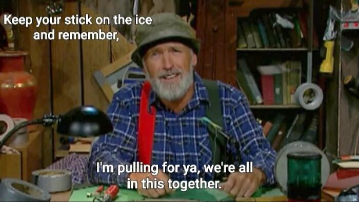 A man in a rustic setting, wearing a hat and plaid shirt, with Canada's stereotype meme text overlayed.