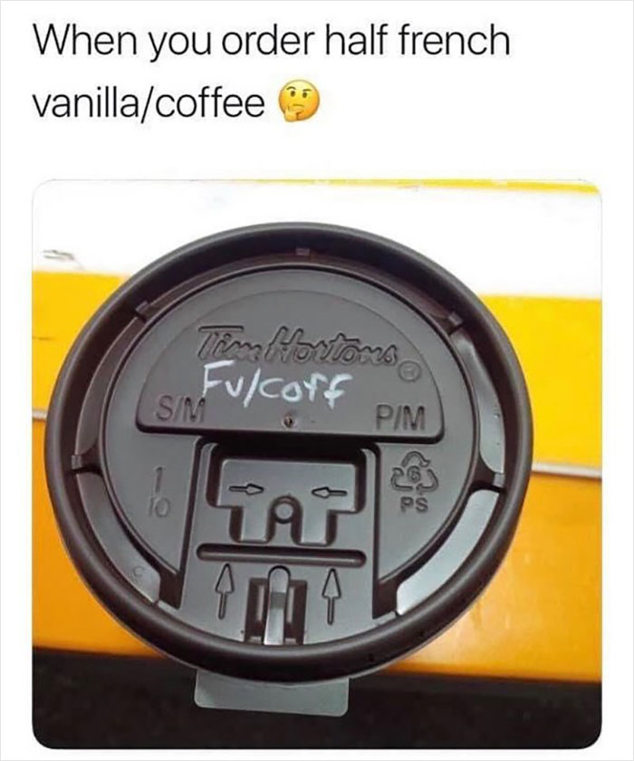Tim Hortons coffee lid with handwritten instructions, humorously referencing Canadian stereotypes.