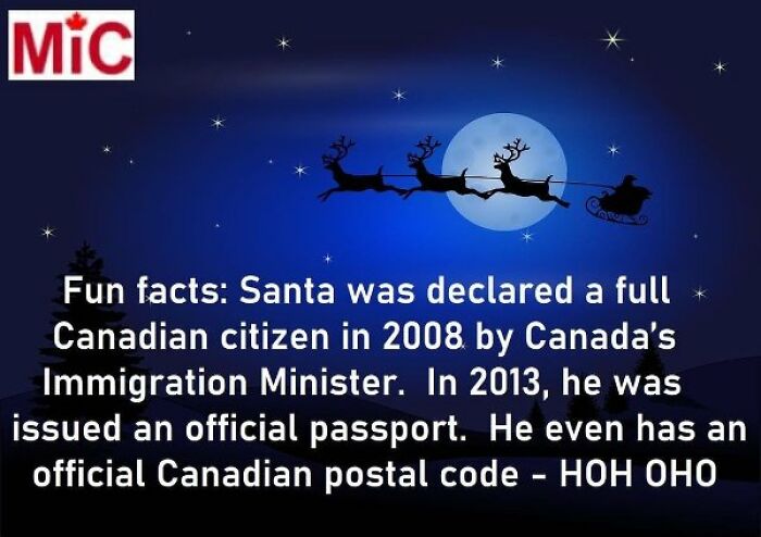 Text about Santa's Canadian citizenship, with sleigh and reindeer silhouette against a night sky, representing Canadian memes.