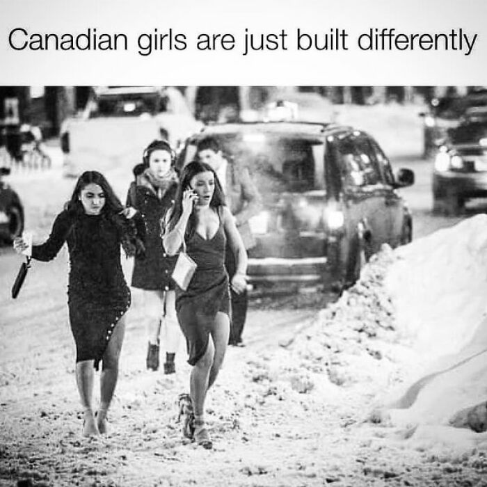 Canadian stereotypes: women in dresses walking through snow, showcasing resilience.