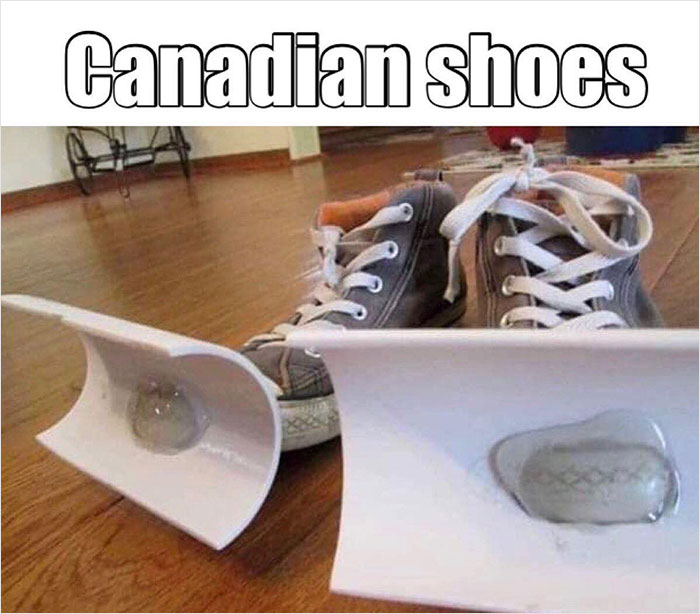 Sneakers with snow plow blades attached parody Canadian stereotypes in a humorous meme.